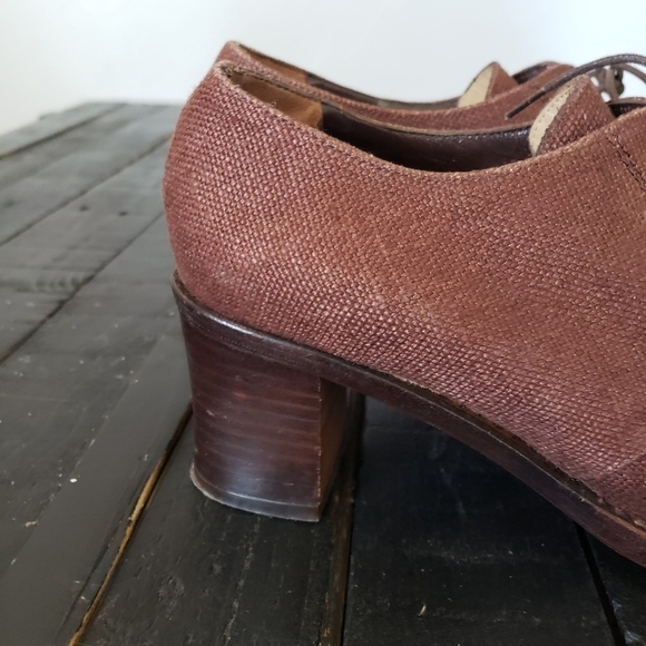 Stephane Kelian Paris Heeled Shoes Burgundy Red Women's 8 Canvas Lace Up Oxford - Picture 3 of 11